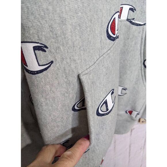 Champion Logo All Over Reverse Weave Hoodie Sweatshirt Gray XL Extra Large New R - Picture 2 of 7